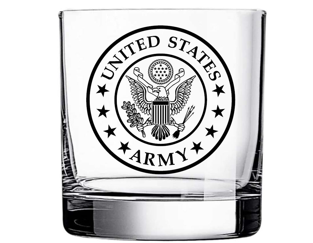 Personalized Army Whiskey Glass – Custom Engraved with Seal, Name & Rank