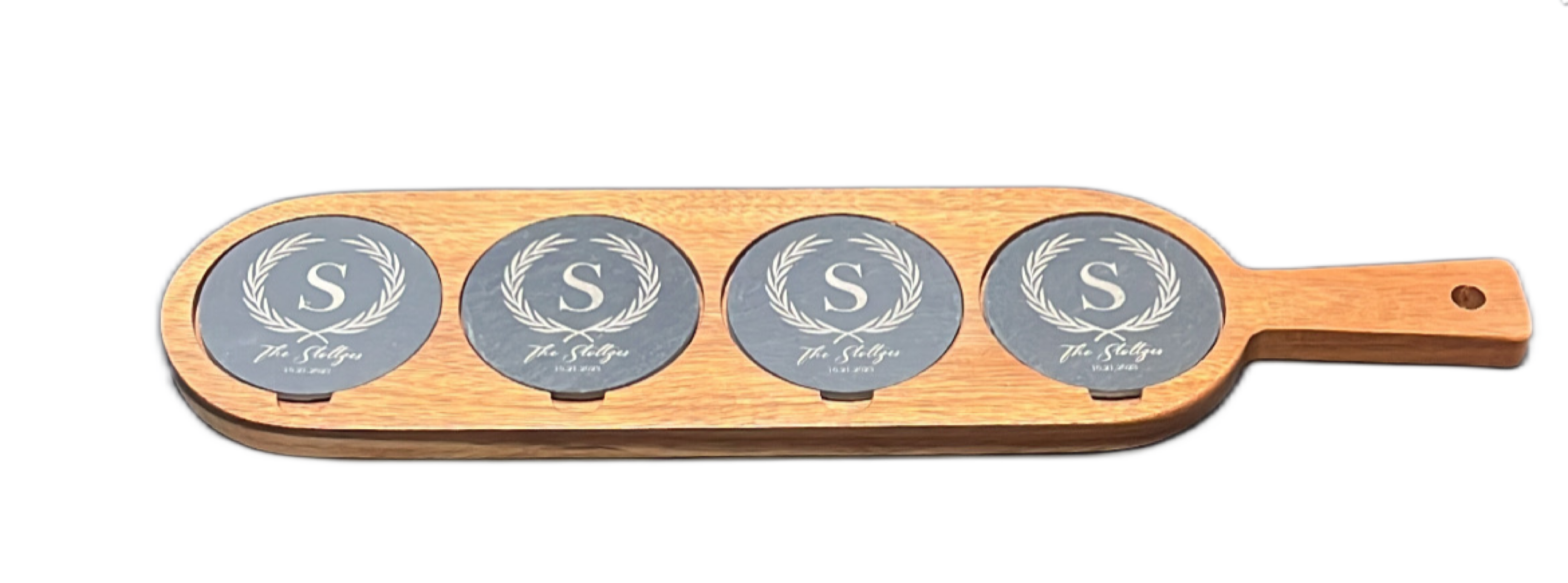 Custom Beer Flight Board – Personalized Slate Coasters & Wood Tray Set