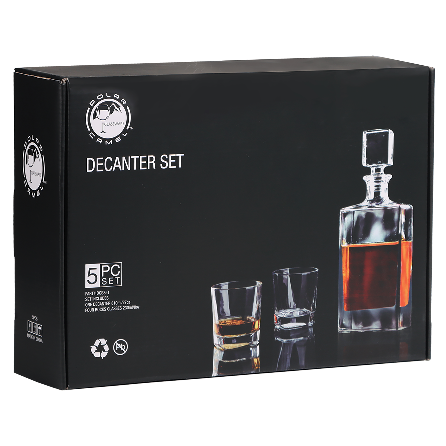 Rectangle Glass Decanter Set with Four 8 oz. Glasses and Gift Box