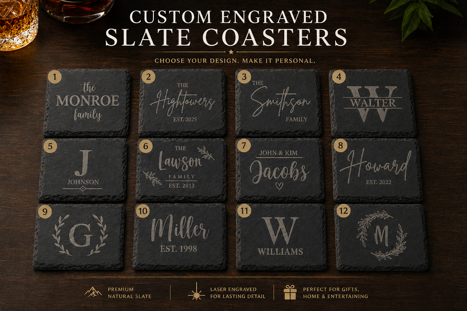 Custom Engraved Slate Coasters – Square or Round – 4 Inch Premium Natural Slate Set
